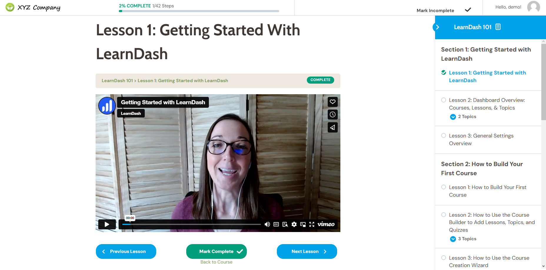 Learndash lesson example page
